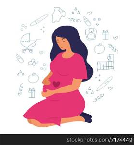 Flat cartoon pregnant woman with heart. Hand drawn doodle pregnancy and baby care objects. Vector illustration.
