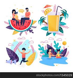 Flat Cartoon Set Offer Family Vacation on Tropical Beach. Mother and Daughter Swim in Ocean or Pool, Happy Son Plays with Dog. Father Searches Tour on Laptop. Vector Illustration in Natural Style. Vector Set Offer Family Vacation on Tropical Beach