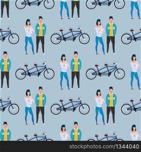 Flat Cartoon Smiling Female and Male Coworkers, Freelancers, Friends, Partners Characters and Tandem Bicycle Seamless Pattern. Woman Holding Laptop Stands by Man. Vector Illustration Wallpaper. Coworkers and Tandem Bicycle Seamless Pattern