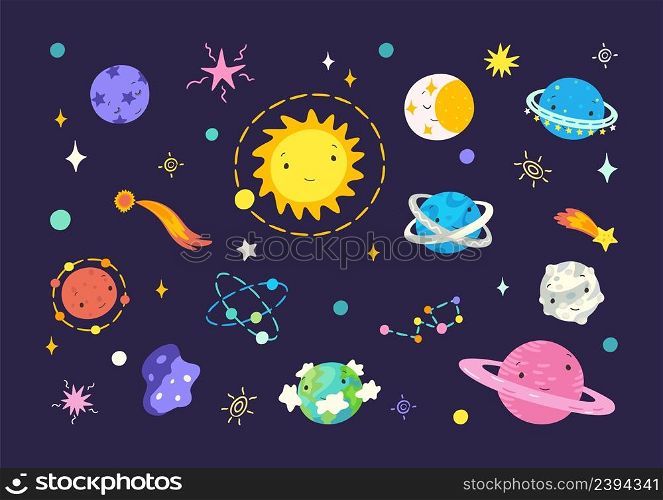 Flat cartoon universe. Space planets and moon, solar system and neptune. Colorful comets, stars, cute doodle childish astrology nowaday vector collection. Space planets and moon illustration. Flat cartoon universe. Space planets and moon, solar system and neptune. Colorful comets, stars, cute doodle childish astrology nowaday vector collection
