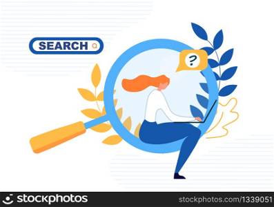 Flat Cartoon Woman Character Look for Information or Potential Candidate via Laptop. Metaphor Banner with Female Sitting on Huge Magnifying Glass with Computer. Vector Illustration Search Button. Woman Search for Information via Laptop Banner