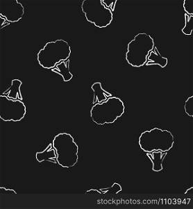 Flat chalk contour broccoli vegetable seamless pattern. Chalk silhouette food design background on black chalkboard with broccoli vegetables. Seamless vector illustration for fabric print pattern. Chalk contour broccoli vegetable seamless pattern