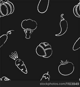 Flat chalk contour vegetable seamless pattern Texture background design with chalk silhouette evenly ordered vegetables on black chalkboard. Seamless vector illustration for healthy diet decor pattern. Flat chalk contour vegetables seamless pattern