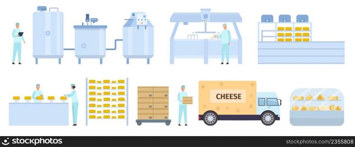 Flat cheese production manufacture factory with workers. Dairy product form process stages line. Cheese making machinery vector infographic. People controlling food quality, healthy dish. Flat cheese production manufacture factory with workers. Dairy product form process stages line. Cheese making machinery vector infographic