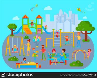 Flat Childrens Playground Composition. Playground composition with flat city urban landscape with playing kids teenagers and their parents cartoon characters vector illustration