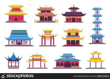 Flat chinese and japanese buildings, ancient temple, pagoda and shrine. Asian old architecture in traditional style. China houses vector set. Illustration of building japanese, ancient architecture. Flat chinese and japanese buildings, ancient temple, pagoda and shrine. Asian old architecture in traditional style. China houses vector set