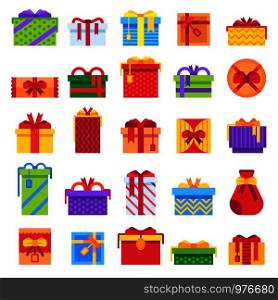 Flat Christmas Gifts. Winter holiday surprise present in gift box. Xmas presents or new year, holidays valentine day, birthday party wrap ribbon boxes isolated vector flat illustration sign set. Flat Christmas Gifts. Winter holiday surprise present in gift box. Xmas presents isolated vector flat illustration set