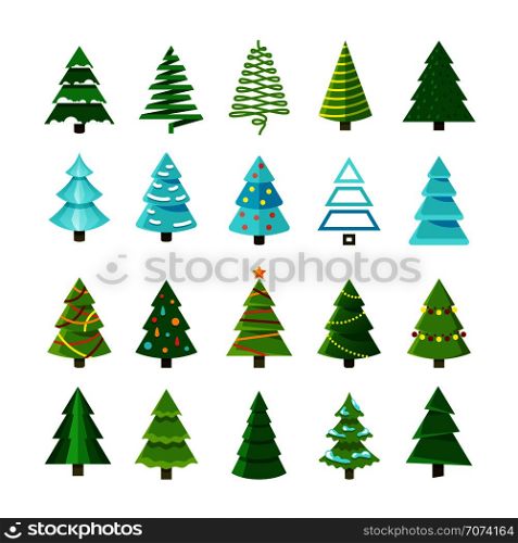 Flat christmas winter trees with festive xmas decoration vector collection. Winter christmas tree set illustration. Flat christmas winter trees with festive xmas decoration vector collection