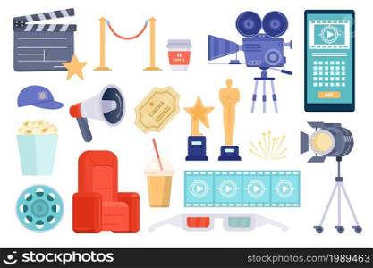 Flat cinema and movie theater items, popcorn, awards and tickets. Filmmaking tools and accessories, film reel, camera and clapper vector set. Equipment for production and cinematography objects. Flat cinema and movie theater items, popcorn, awards and tickets. Filmmaking tools and accessories, film reel, camera and clapper vector set