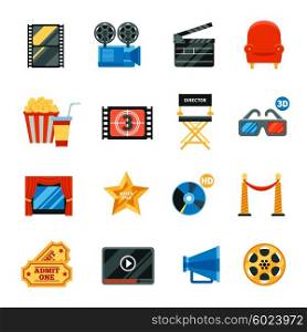 Flat Cinema Decorative Icons Set. Decorative flat cinema icons set with film festival symbols and collection of director chair 3d glasses popkorn cd disk free tickets isolated vector illustration