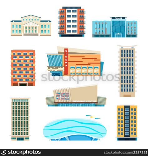 Flat city building, modern apartment buildings, residential houses. Town hall, cinema, police station, urban municipal architecture vector set. Illustration of building apartment city. Flat city building, modern apartment buildings, residential houses. Town hall, cinema, police station, urban municipal architecture vector set