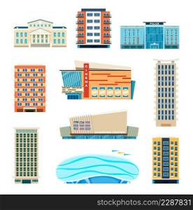 Flat city building, modern apartment buildings, residential houses. Town hall, cinema, police station, urban municipal architecture vector set. Illustration of building apartment city. Flat city building, modern apartment buildings, residential houses. Town hall, cinema, police station, urban municipal architecture vector set