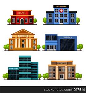 Flat city buildings. Contemporary office center, hospital facade and city hall building. Modern theater, office center and cinema construction exterior vector isolated illustration icons set. Flat city buildings. Contemporary office center, hospital facade and city hall building. Modern theater and cinema vector illustration