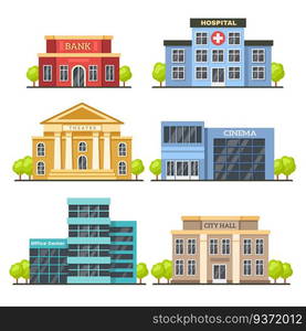 Flat city buildings. Contemporary office center, hospital facade and city hall building. Modern theater, office center and cinema construction exterior vector isolated illustration icons set. Flat city buildings. Contemporary office center, hospital facade and city hall building. Modern theater and cinema vector illustration