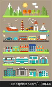 Flat city infographics with urban buildings, trees and cars. Vector illustration