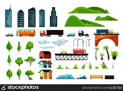 Flat city map vector elements with urban transport, road, trees and buildings. Illustration of bridge and automobile, green grass and bench for interface. Flat city map vector elements with urban transport, road, trees and buildings