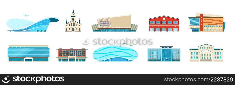 Flat city municipal building, police station, bank, hospital. Modern urban architecture, town hall, school, airport, stadium vector set. Bank and hospital, municipal government illustration. Flat city municipal building, police station, bank, hospital. Modern urban architecture, town hall, school, airport, stadium vector set