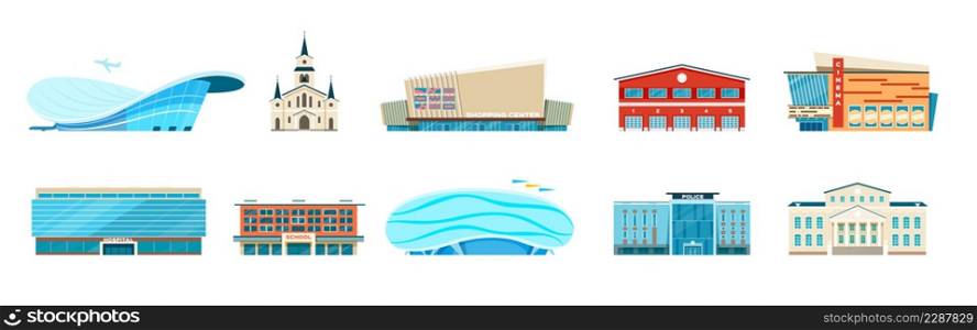 Flat city municipal building, police station, bank, hospital. Modern urban architecture, town hall, school, airport, stadium vector set. Bank and hospital, municipal government illustration. Flat city municipal building, police station, bank, hospital. Modern urban architecture, town hall, school, airport, stadium vector set