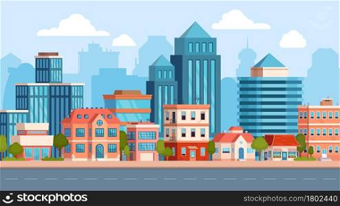 Flat city street landscape with skyscraper and apartment building. Town real estate, houses and road. Cityscape scene. Urban vector panorama. Illustration of view cityscape, town panorama. Flat city street landscape with skyscraper and apartment building. Town real estate, houses and road. Cityscape scene. Urban vector panorama