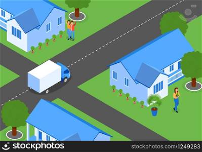 Flat City Streets with New Houses, Isometric. Crossroads in City. Van Service at Intersection Passes by Houses. Settlement New Residential Complex. People Near their Homes Enjoy Life.