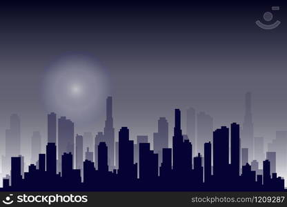 Flat cityscape. Vector illustration. Modern City Skyline, Daytime Panoramic Urban Landscape with Silhouette Buildings and Skyscraper Towers in moon light.