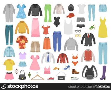 Flat clothes. Women and men fashion modern outfits collection, footwear and bags, basic style clothes, underwear and accessories, modern casual wardrobe, shopping vector isolated set. Flat clothes. Women and men fashion modern outfits, footwear and bags, basic clothes, underwear and accessories, modern casual wardrobe, shopping vector isolated set