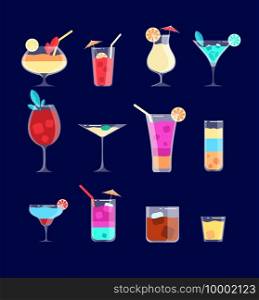 Flat cocktails. Alcohol drinks in glasses with straw. Margarita, whiskey and gin tonic, pina colada cocktail vector isolated set. Illustration cocktail drink with straw and ice. Flat cocktails. Alcohol drinks in glasses with straw. Margarita, whiskey and gin tonic, pina colada cocktail vector isolated set