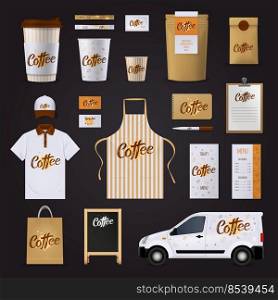Flat coffee corporate identity design template set for cafe with uniform car glasses menu stationary isolated on black background vector illustration. Coffee Corporate Identity Design Set