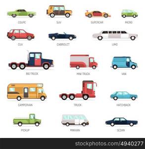 Flat Collection Of Different Car Models. Colorful flat collection of different modern car models in side view with pickup minivan sedan and truck isolated vector illustration