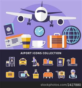 Flat collection of various airport icons isolated on black background and flying plane vector illustration. Airport Icons Collection