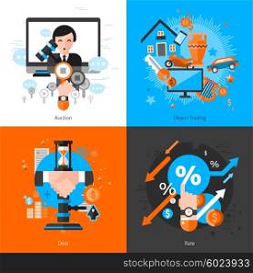 Flat color 2x2 auction concept . Flat color 2x2 auction concept set with trading objects deal bargaining icons and rate graphs vector illustration