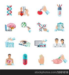 Flat Color Biotechnology Icons Set. Flat color scientific icons set of biotechnology genetic engineering and nanotechnology isolated vector illustration