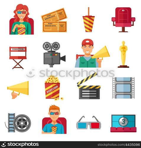 Flat Color Cinema Decorative Icons Collection . Flat color cinema decorative icons collection with 3d glasses popcorn movie tickets and viewers isolated vector illustration