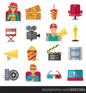 Flat color cinema decorative icons collection with 3d glasses popcorn movie tickets and viewers isolated vector illustration . Flat Color Cinema Decorative Icons Collection