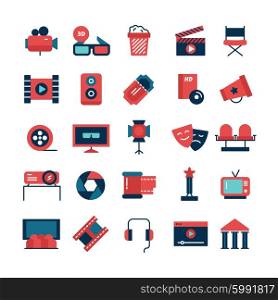 Flat Color Cinema Icons. Flat color set of movie icons and cinema symbols with camcorder TV screen 3D glasses and filming attributes isolated vector illustration