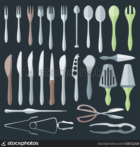 flat color cutlery set. vector various dining cutlery flat style set