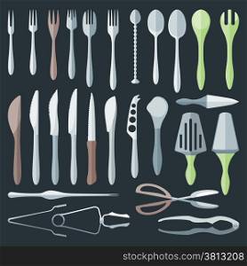 flat color cutlery set. vector various dining cutlery flat style set