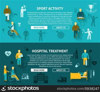 Flat Color Disabled Horizontal Banner Ad. Flat color horizontal banner ad disabled hospital treatment and sport activity vector illustration.