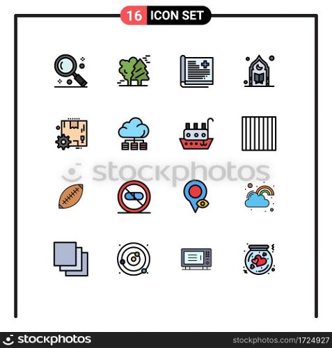 Flat Color Filled Line Pack of 16 Universal Symbols of mosque, islam, pine trees, medical, patient Editable Creative Vector Design Elements