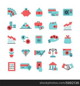 Flat Color Finance Icons Set. Flat color finance icons set with piggy bank credit cards bag of money safe pocketbook and dollar sign isolated vector illustration