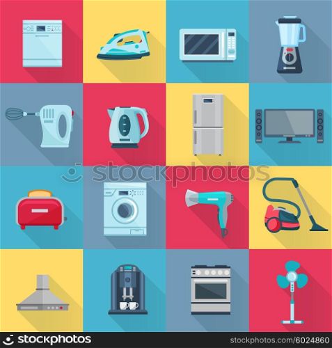 Flat Color Household Appliances Icons. Isolated color shadow household appliances icons set of electrical electronic and digital products flat vector illustration