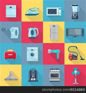 Flat Color Household Appliances Icons. Isolated color shadow household appliances icons set of electrical electronic and digital products flat vector illustration