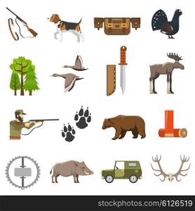Flat Color Hunting Icons. Flat color hunting icons set of wild animals and birds hunter with rifle jeep and bandolier isolated vector illustration