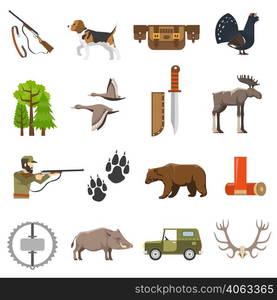 Flat color hunting icons set of wild animals and birds hunter with rifle jeep and bandolier isolated vector illustration . Flat Color Hunting Icons