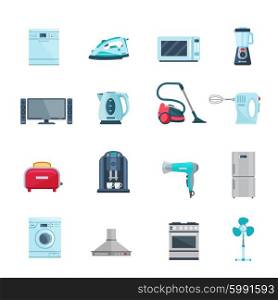 Flat Color Icons Set Of Household Appliances. Flat color icons set of household appliances with vacuum iron tv refrigerator washing stove fan isolated vector illustration