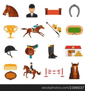Flat color icons set with equipment for horse riding isolated vector illustration.. Flat Color Icons Set With Horse Equipment