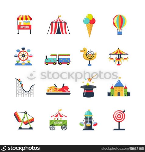 Flat Color Isolated Amusement Park Icons. Flat color amusement park icons with roller coaster circus tent ferris wheel and airship isolated vector illustration