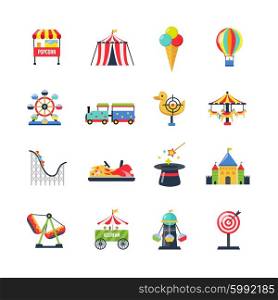 Flat Color Isolated Amusement Park Icons. Flat color amusement park icons with roller coaster circus tent ferris wheel and airship isolated vector illustration