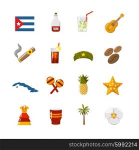 Flat Color Isolated Cuba Icons. Flat color cuba icons with state sovereignty elements national and cultural traditions and climate symbols isolated vector illustration