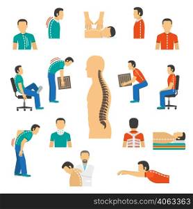 Flat color isolated icons for diagnosis spine diseases and treatment back pain vector illustration. Diagnosis And Treatment Spine Diseases